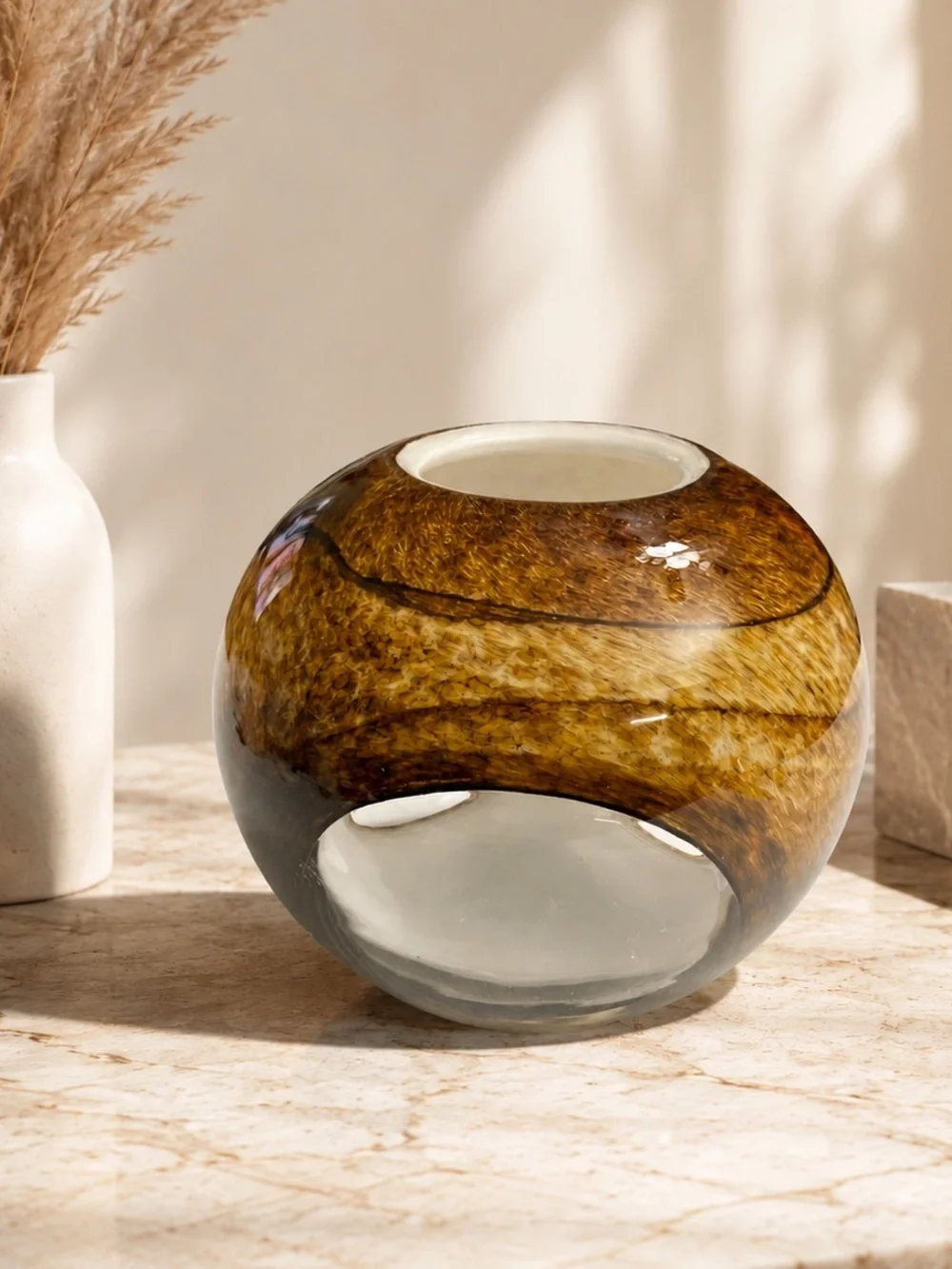 Murano Tortoise Shell Cased Glass Fish Eye Vase 3 Cut Clear Windows 7